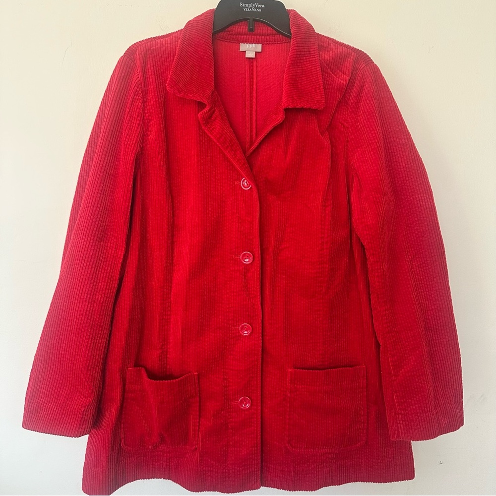 J. Jill Large Red Cotton Corduroy Jacket Button Front Pockets Peplum Back L